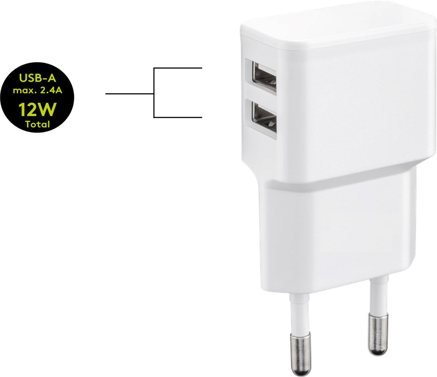 Lader 240 Volt 2,4 AmP Hvid 2 USB Udtag