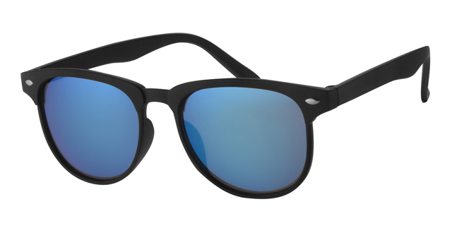 Sort Gummi unisex brille med sølv dekoration og  røgfarvet blå spejle effekt glas