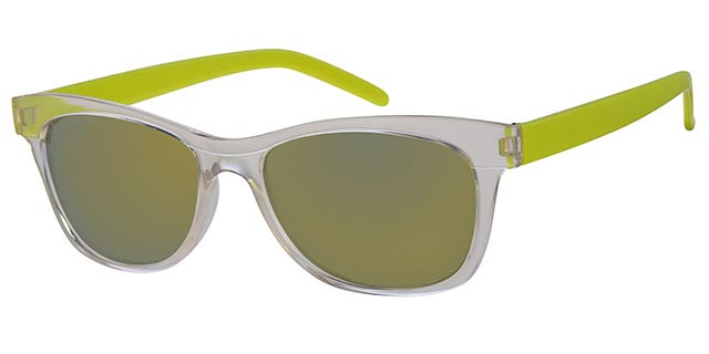 Solbrille transperant front med neon gule stænger og røgfarvede glas med gul spejl