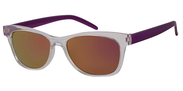 Solbrille transperant front med neon lilla stænger og røgfarvede glas med lilla spejl