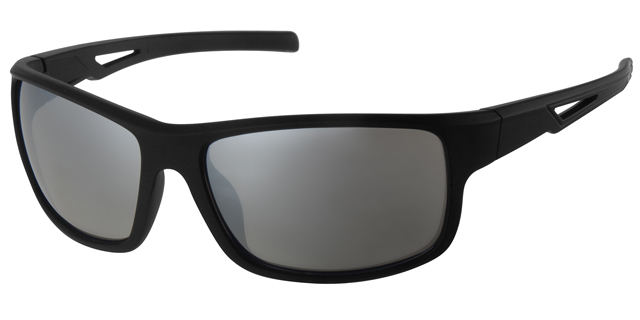 Sort sportsbrille med gummi overflase samt sølv spejl glas